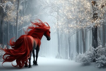 Golden Horse in Winter Forest with Lights
