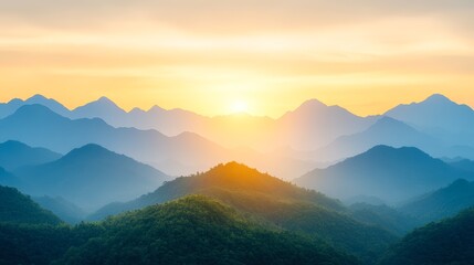 Obraz premium A breathtaking landscape featuring layered mountains under a golden sunrise, ideal for themes of nature, tranquility, or adventure, Perfect for travel blogs, environmental campaigns