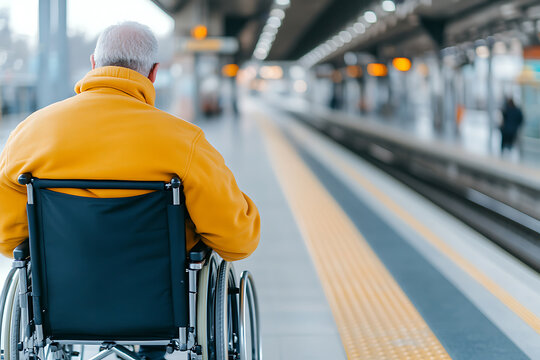 Person in a wheelchair waits on a train platform, showcasing accessibility, mobility, and inclusivity in public transportation.