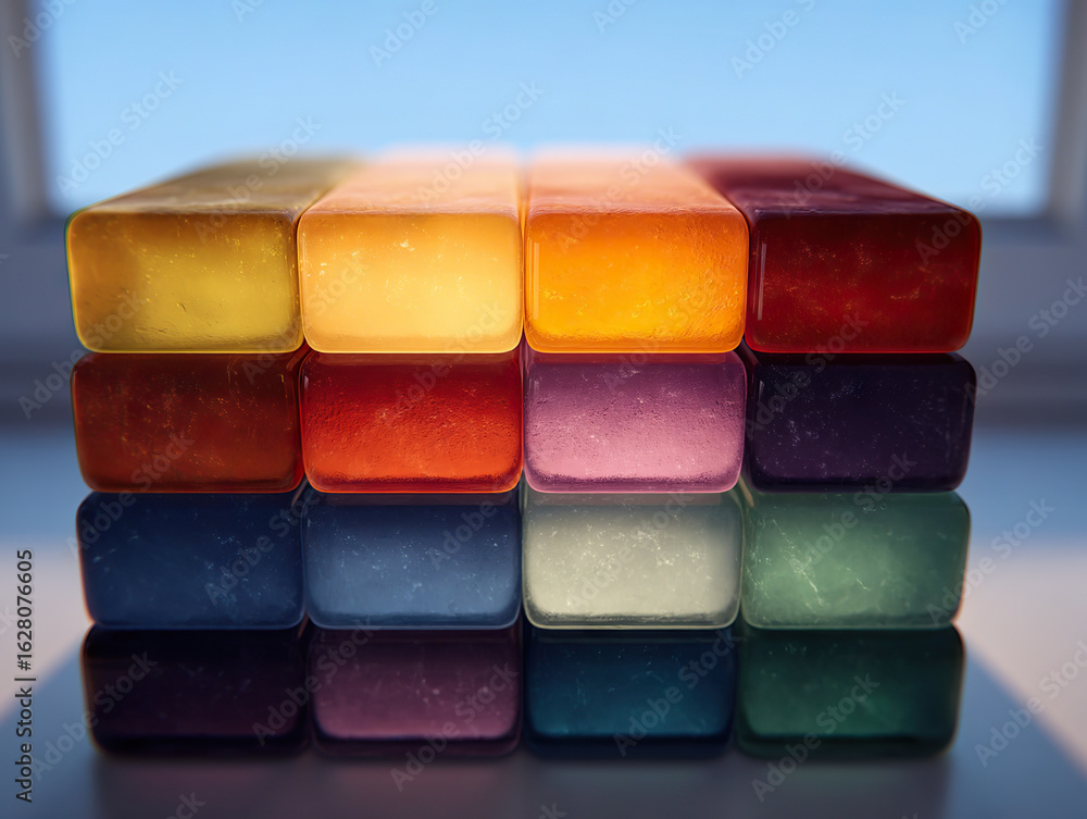 Aufkleber colorful glass blocks stacked in grid pattern, illuminated by natural light, creating vibrant and ar