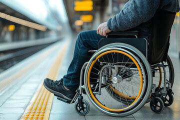 Obraz premium Wheelchair user waiting at a train station with accessibility features, showcasing accessible transportation and inclusive design for travelers.