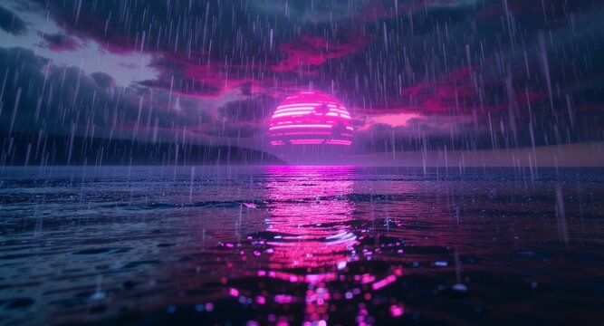 Neon Retro Sunset: Rain over a Futuristic Ocean Sphere