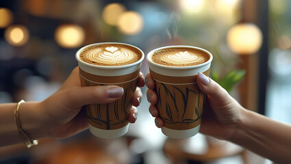 Two Hands Holding Steaming Takeaway Coffee Cups with Latte Art