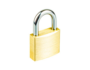 Brass padlock security safety lock protection metal secure equipment key on transparent background