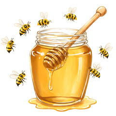 Illustration of a honey jar with bees flying around it, isolated on white background, perfect for illustrating the sweetness and natural goodness of honey