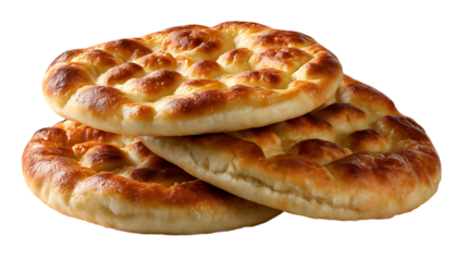 Three golden brown pita breads isolated on transparent background