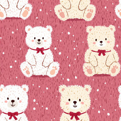 Cute teddy bear repeats with sweet bow pattern on dusty pink background
