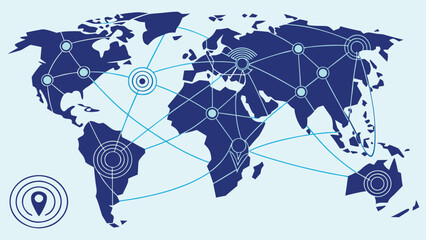 World map displaying global network connections and location pin icon in the bottom left corner region