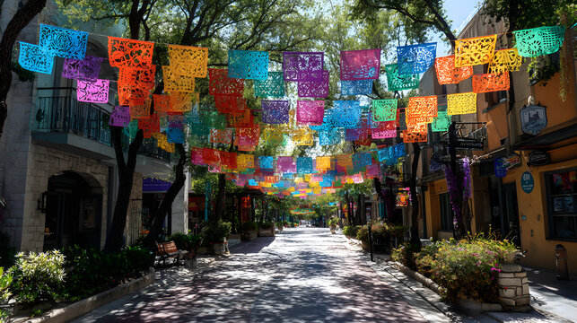 colorful papel picado decorations adorn the streets of san antonio during festive season, adding to the traditional mexican fiesta atmosphere fiestavibes