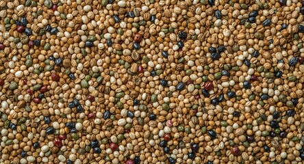 Fototapeta premium Close up top view of a dense mixture of small seeds in various colors and textures filling the frame fully