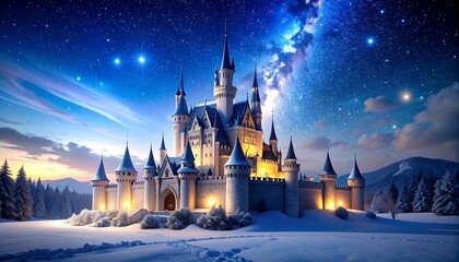 Enchanting castle under a starlit sky amidst a winter wonderland scene full of magic