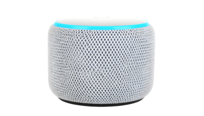 Smart speaker with blue accent, cylindrical form factor, and mesh texture for voice control on transparent background
