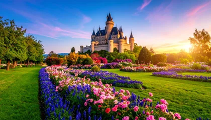 Keuken achterwand Tuin Enchanting castle nestled among vibrant flower gardens at sunset creating magical ambiance  © shopia