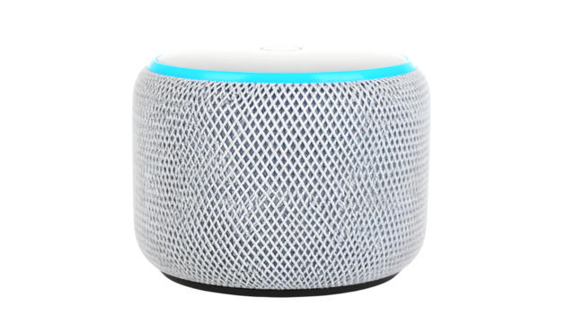 Smart speaker with blue accent, cylindrical form factor, and mesh texture for voice control on transparent background