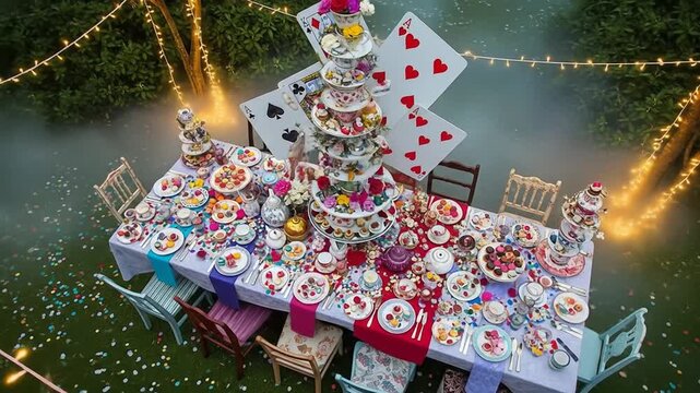 Overhead drone shot of a colorful, messy tea party setup with glittering lights and swirling fog, eccentric centerpiece with cards.