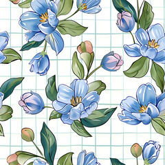 Colorful floral pattern showcasing blue blooms on a checked background with delicate leaves and buds. Seamless paper