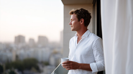 Business man drinking coffee on hotel balcony with city view. Professional traveler in white shirt enjoying morning break on terrace. Corporate lifestyle concept with urban skyline background.