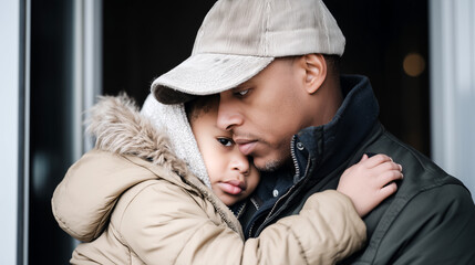 Obraz premium Father comforting upset toddler child in winter clothing. Emotional parenting moment showing support during separation anxiety with tender embrace outdoors.