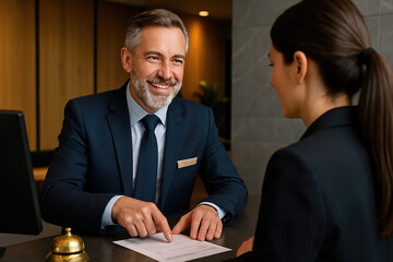 Reception and Service: A hotel receptionist assisting a guest, emphasizing hospitality and customer care in a clean, modern setting.