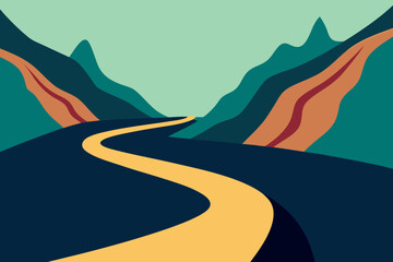 Winding yellow road through stylized dark blue mountains and green hills
