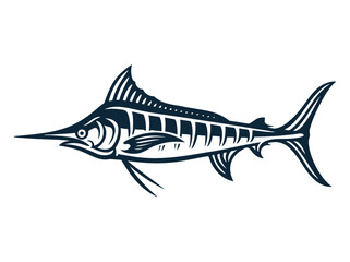 Marlin fish bold black icon,  engraving style vector illustration