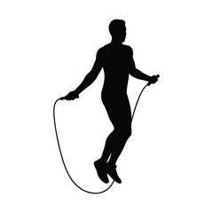 Silhouette of a man jumping rope, isolated on white background, highlighting fitness, exercise, and a healthy lifestyle with dynamic movement and energy