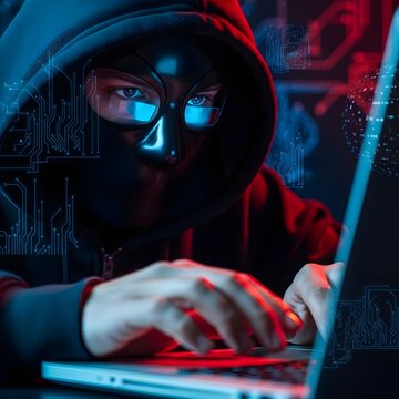 Cybercriminal in Mask with Computers and Green Code Reflections