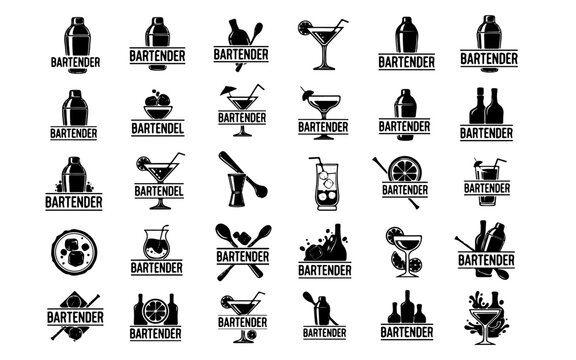 collection of bartender logo ideas set bundle, black and white, vector illustration, isolated on white background