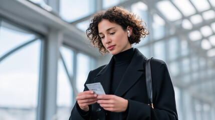 Professional businesswoman holding travel tickets in modern airport terminal during business trip. Curly haired woman in black coat checking boarding passes.