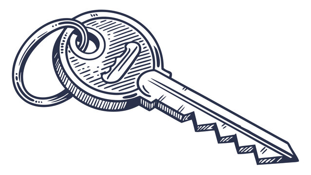 Illustration of a vintage style key with a circular head and jagged edge, attached to a keyring loop