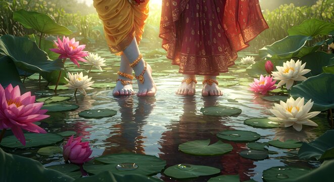 Couple Walking Lotus Pond