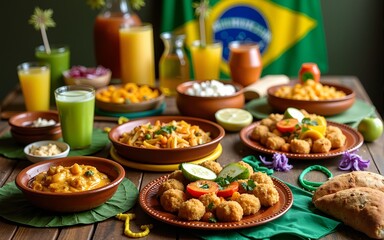 Fototapeta premium Independence Day (Brazil). A table covered with traditional Brazilian dishes and drinks, with colorful decorations and party supplies scattered around. High quality