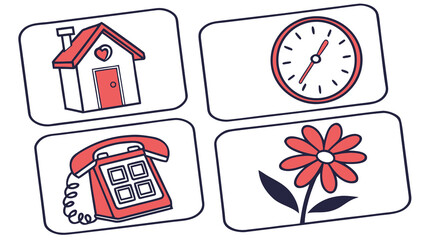 Illustration featuring a house with a heart, a clock, a telephone, and a flower arranged on a white background