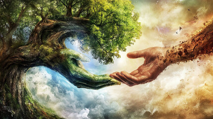 Green hand from living tree meets decaying brown hand. Concept of environmental balance and human impact.