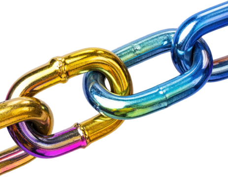 Close up of a metallic chain with colorful links against a black background - Powered by Adobe