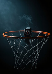 Smart watch hanging from a basketball basket