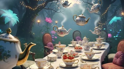 A magical tea party in an enchanted garden with mismatched ornate chairs, whimsical fine china, floating teapots, and fairy lights in soft twilight. - Powered by Adobe