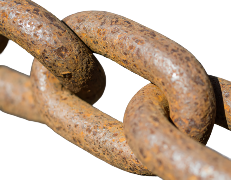 Close up of a rusted metal chain showing texture and detailed industrial decay