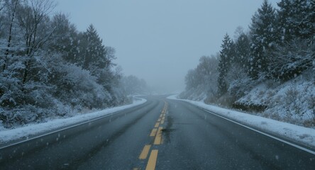 Snowy Winter Road Winding Through Trees