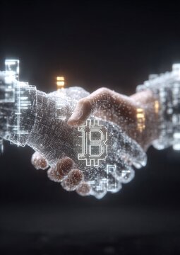 Stretta di mano digitale con simbolo Bitcoin