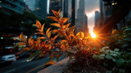 City sunset framed by autumn leaves