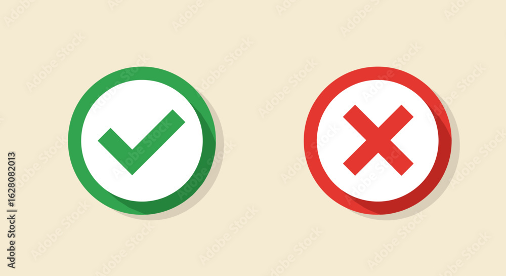 Poster green check and red cross icons on beige background for approval and error indication