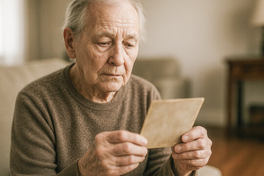 An elderly man sits alone, gazing intently at a weathered photograph, his expression etched with emotion as he reflects on the passage of time, memory, and the quiet ache of missing someone - Powered by Adobe