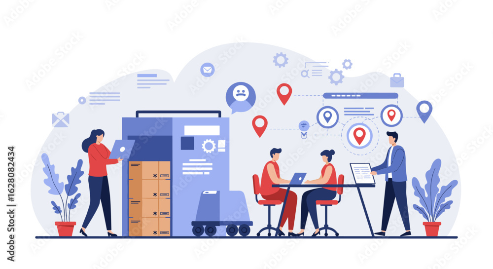 Poster warehouse management team analyzing data with digital technology and location tracking