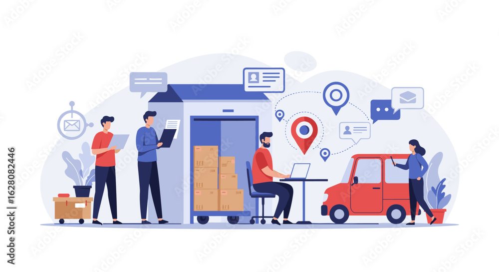 Poster efficient delivery service with team using technology for logistics management