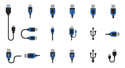 Collection of usb cable icons in flat design