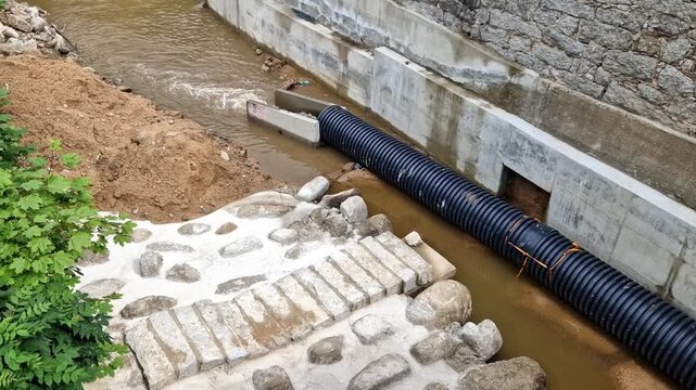 construction of flood control measures where half of the stream is diverted into a pipe. temporary embankment made of loose earth. stone blocks are set into concrete and create a weir, aerial view