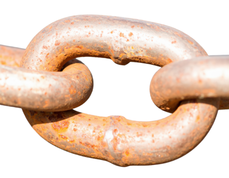 Close up of a rusty metal chain link showing industrial texture and detail