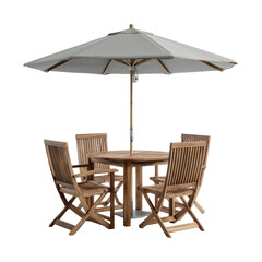 Outdoor patio dining set with a light gray umbrella.  Round table and four folding chairs in a light brown teak wood