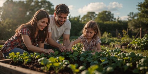 Family of three tending to a garden bed with green leafy plants on a sunny day in a backyard garden
